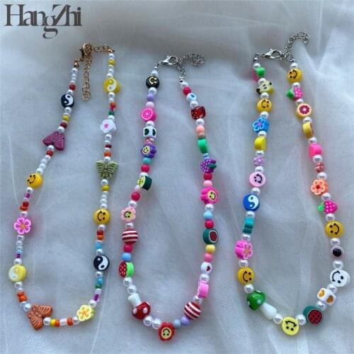 HangZhi 2021 Soft Pottery Pearl Smiley Face Mushroom Tai Chi Yin Yang Beaded Necklace for Women Girls Party Jewelry