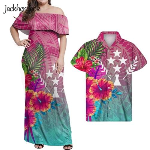 Jackherelook Gradient Kosrae Polynesian Tribal Hibiscus Plumeria Print Off Shoulder Bodycon Dress Summer Hawaii Unisex Outfits