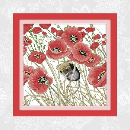 Poppy and mouse Cross Stitch Paintings Printed on Canvas DIY Handmade Embroidery Sets Needlework DMC Cotton Thread Crafts