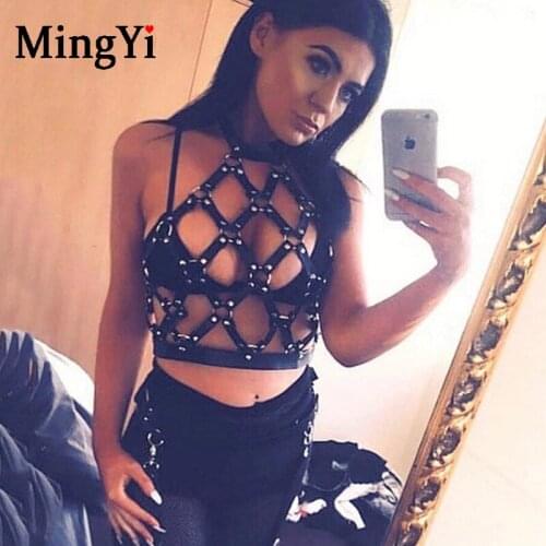 Leather Harness Punk Gothic Cage Bra Bralete Belt Sexy Mesh Hollow Out Halter Bra Crop Top Bdsm Exótic Lingerie Club Party Wear
