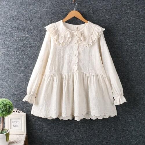 Sweet Japan style peter pan collar blouse shirt tops long sleeve embroidery cotton tops