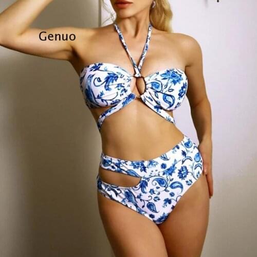 Fashion Women Halter Print Breast Pad Swimwear Split Bikini Bathing Swimsuit Stroje Kapielowe Damskie Swimsuit Women