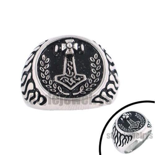 Norse Viking Myth Thor Hammer Ring Stainless Steel Jewelry Classic Flame Cross Biker Mens Ring SWR0057A