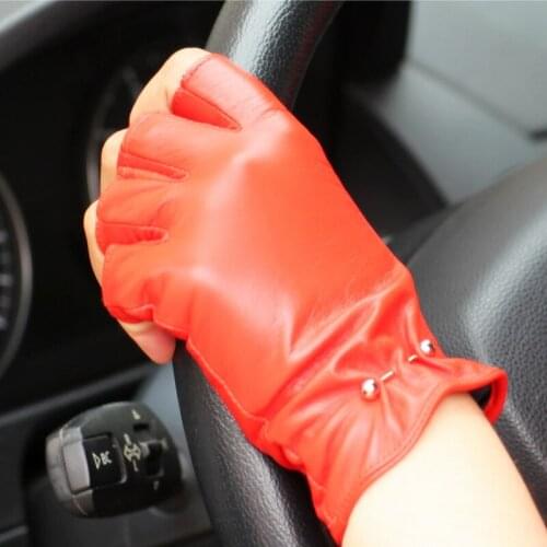 Autumn New Womans Genuine Leather Gloves High Quality Sheepskin Metal Decoration Semi-Finger Driving Gloves Female EL092NN-1