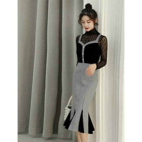 New arrival women two-piece set lace perspective shirt slim patchwork trumpet dress fashion high quality cute summer women set