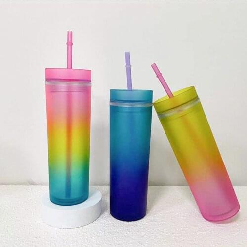 NEW 16oz Gradient Skinny Tumbler Slim Plastic Water Bottle With Lids And Straw Colorful Portable Juice Glass For Party