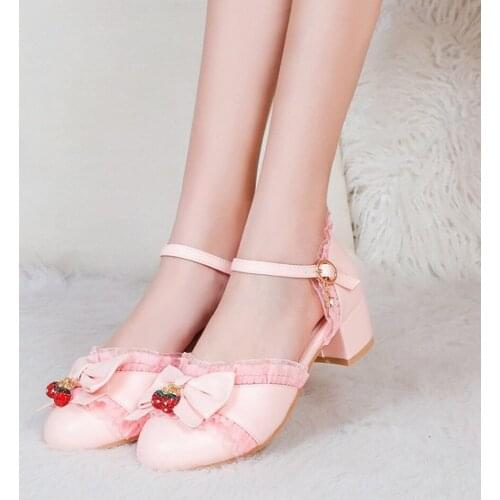 OLOMLB Womens Lolita Round Toe Strawberry Bowknot Lace Kawaii Cosplay Shoes Sandals Mid Heel Plus Size 34-43 Mary Janes
