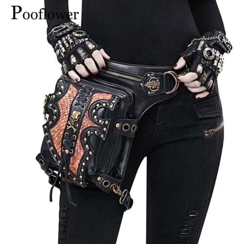 Pooflower Moto Gothic Rivet Men Waist Bag Women Multifunction PU Leather Punk Waist Belt Pack Chest Crossbody Bag Purse ZH073