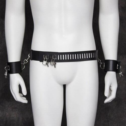 Black PU Leather Waist Belt with Handcuffs Lockable Faux Leather Strap Harness Restraint Bondage for Couple Sex Product BDSM
