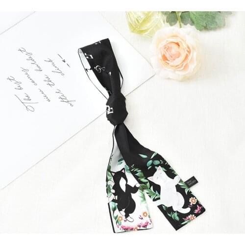 Luxury Silk Scarf Women Long Hijab Hair Band Small Neck Scarves Handle Bag Ribbons Animal Print Shawls and Wraps Bandana cat