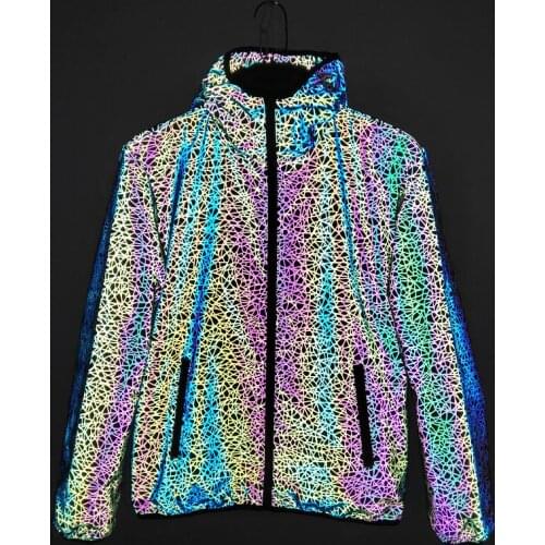 2021 reflective men hooded jacket camouflage mens windbreaker night shiny colorful geometric reflect men coat jaqueta masculino