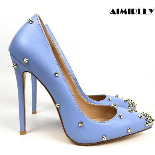 Shoes Women Pointed Toe High Heels Pumps Rivets Stud Fashion Ladies Party Clubwear Heels Slip On Aimirlly