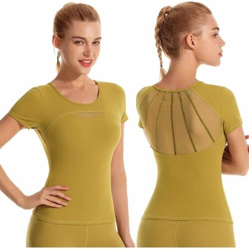 Women Sport Shirt with Removable Wireless Pads Short Sleeves Mesh Patchwork T-shirts Top 8338 Daily Running Yoga Tops