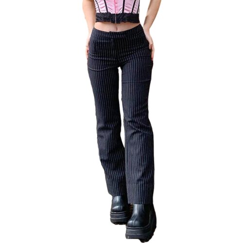 Women Suit Pants, Autumn and Winter Adults Casual Style Zipper Striped Trousers (Black)