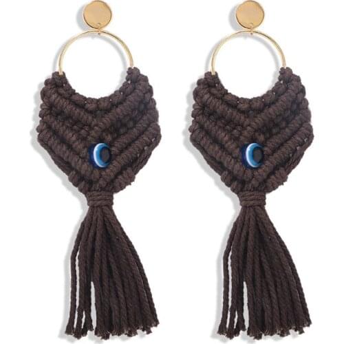 Hand Woven Eyeball Fringed Earrings Multicolor Cotton Woven Macrame Dangle Earrings for Women High Quality Popular Jewelry Gift