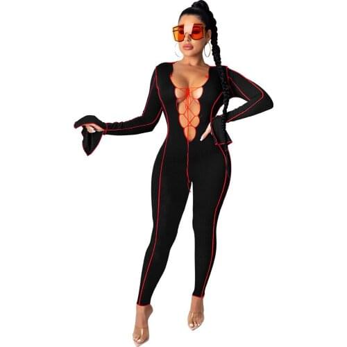 Sexy Lace Up Hollow Out Bodycon Jump Suits for Women Party Club Outfits Deep V-neck Flare Sleeve Skinny Rompers Womens Jumpsuit