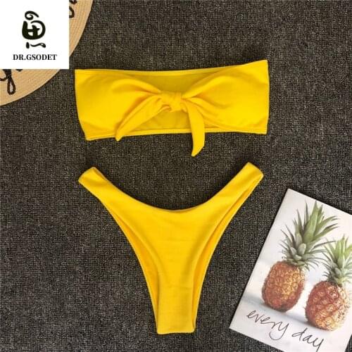 Gsodet Womens Swimsuit 2021 Solid Knotted Push-Up Padded Bra Sexy Bikini Set Brazilian Bathing Suit Swimwear Beachwear Summer