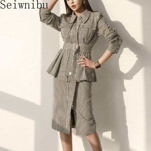 Autumn Single Breasted Full Sleeve Belt Coat Package hip split skirt Suits Women Two Piece Vintage Plaid Slim Sets
