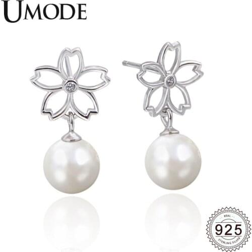 UMODE New White Pearl 925 Sterling Silver Drop Earrings for Women Hollow Flower Pearl Drops White Gold New Jewelry ALE0502