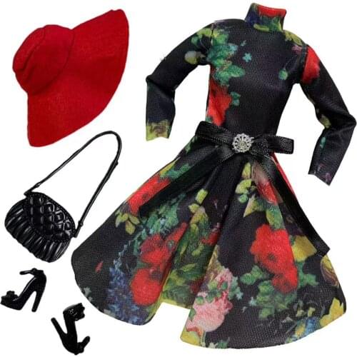 1 Set Doll Clothes 1:6 Scale Dress Outfit for 11.5 inch 30cm Doll Black Floral Dress with Red Hat and Shoes for Girls Toy Gift
