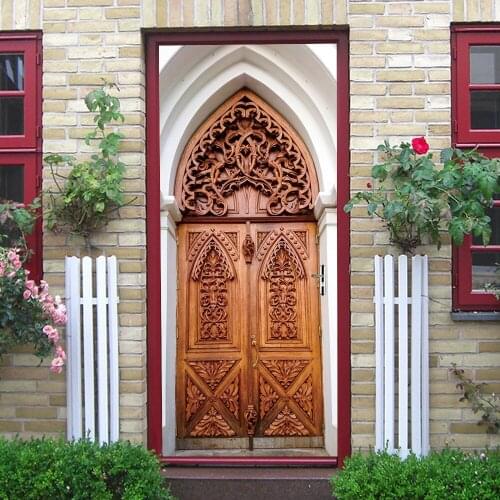 2pcs/set 3D Islamic Style Wallpaper Door Art Mural Sticker Simulation Wooden Door Wall Stickers For Bedroom Room Decor Poster