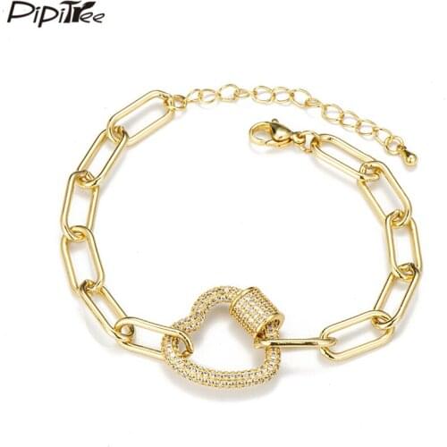Pipitree Cubic Zirconia Screw Charm Heart Bracelet Bangle for Women Copper Gold Color Chunky Thick Chain Bracelets Jewelry 2021