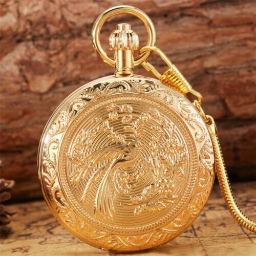 Gold Copper Bird Design Double Hunter Automatic Mechanical Pocket Watch Arabic Numeral Dial Luxury Pendant Antique Pocket Clock