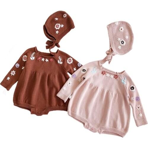 Baby Bodysuit Handmade Embroidery Flower Jumpsuit 2020 Autumn Baby Girls Clothes Baby Knitwear +Knit Hat 2Pcs Cotton Clothing