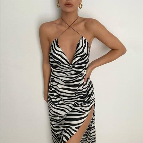 Giyu Zebra Printed Backless High Split Midi Dress Sexy Women Sleeveless Halter Bandage Dresses Streetwear Party Slim Vestidos