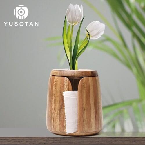 YUSOTAN creative wooden tissue holder which can grow flower natural and eco-friendly dining table living room office tissue tube