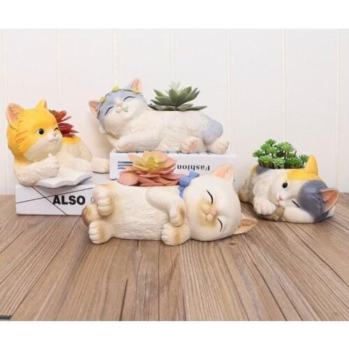 Creative Resin Cartoon Cat Succulent Plant Pots Mini Flower Pot Decorative Desktop Flowerpot Fairy Garden Home Garden Decoration