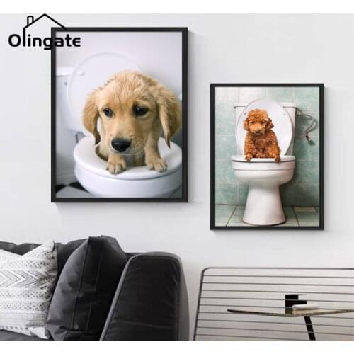 Toilet Dog Creative Hanging Poster Animal Picture Personalized Wall Canvas Painting Pet Shop Poster for Bathroom WC Decoration