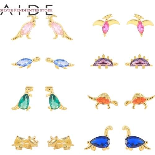 AIDE INS 925 Sterling Silver Dinosaur Earrings Europe and America Mini Small Animal Stud Earrings Green/Blue/Pink/Purple Earring