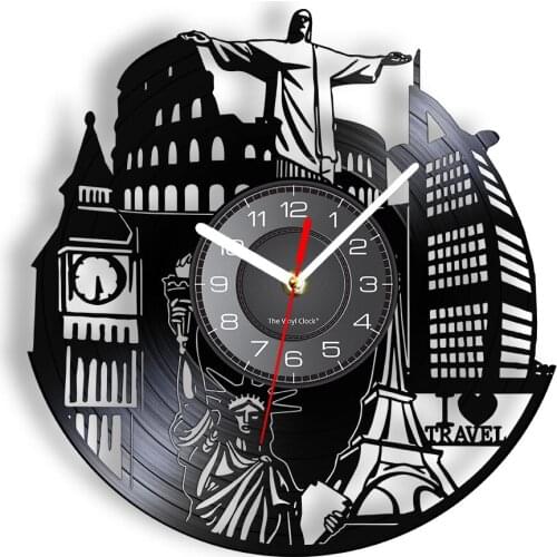 I Love Travel Wall Clock Made Of Laser Cut Vinyl Record World-famous Landmarks Wall Watch With Backlight Travellers' Gift Crafts