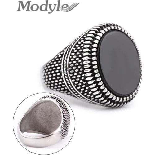 Modyle 2021 New Fashion Silver Color Stainless Steel Punk Vintage Wedding Ring for Man Big Round Black Stone Engagement Ring