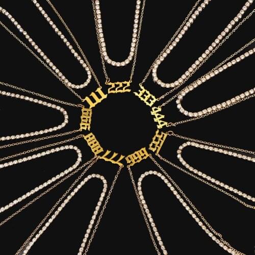 2Pcs/Set 111 222 333 444 Angel Number Necklace Stainless Steel For Women 555 666 777 888 999 Crystal Tennis Chain Choker Jewelry