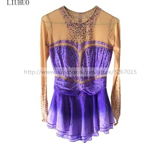 Figure Skating Dress Womens Girls' Ice Skating Dress Purple round neck long sleeve Competition dresses Sparkling rhinestones