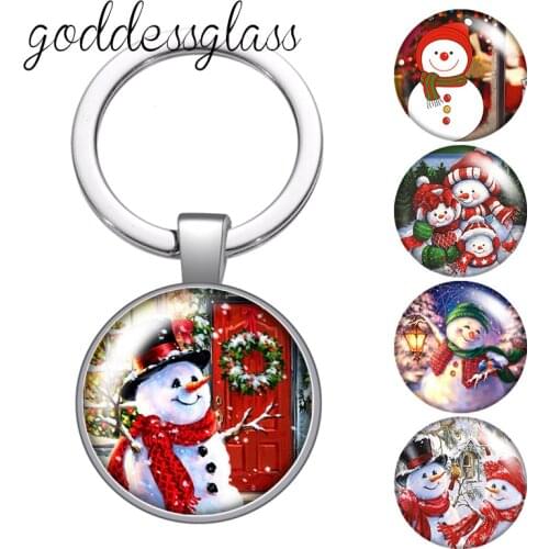 Merry Christmas Snowman Winter Happy new year Round glass cabochon keychain Bag Car key chain Ring Holder Charms keychains Gifts