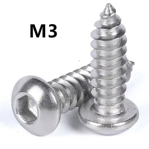 100pcs/lot M3x6/8/10/12/16/20mm 304 Stainless Steel Hexagon Socket Button Head Self tapping Screws Round Head