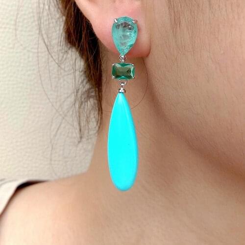 YYGEM Green Teardrop CZ Pave Blue Turquoise Silver Stud Earrings ethnic style for women