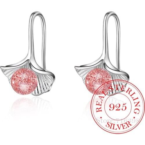 925 Sterling Silver Ginkgo Biloba Drop Earrings Natural Strawberry Crystal Leaf Women Earrings Fashion Jewelry Brincos