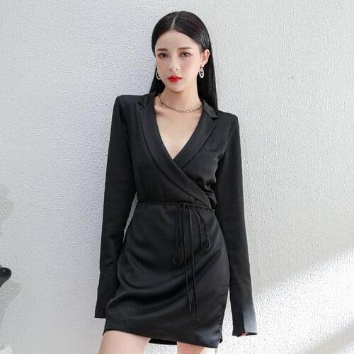 Autumn Winter Fashion Sexy Deep V Shirt Dress Lady Long sleeve Bandage Black Satin Dress Women Elegant Party Dresses Vestidos