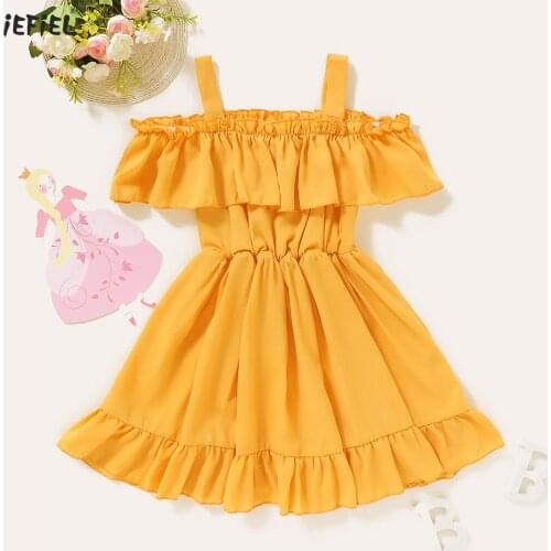 Toddler Baby Girls Chiffon Off-Shoulder Ruffles Dress Children Girls Party Dress for Princess Solid Ball Gown Kids Girl Clothes