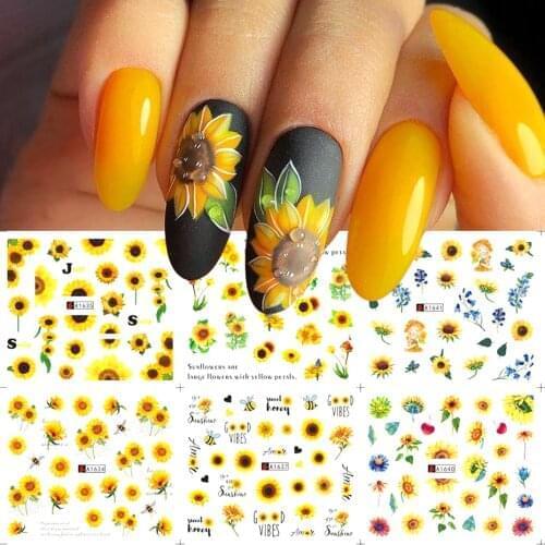 12pcs Sliders for Nails Blossom Sunflower Nail Stickers Art Water Decals Butterfy Spring Floral Decorations Wraps For Manicure