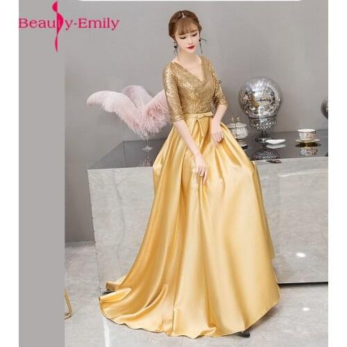 Sexy V Neck Half Sleeve Stain 3 Colors Evening Dress 2019 Fashion Sequined Lace Up Back Formal Dresses Evening Gown Vestidos