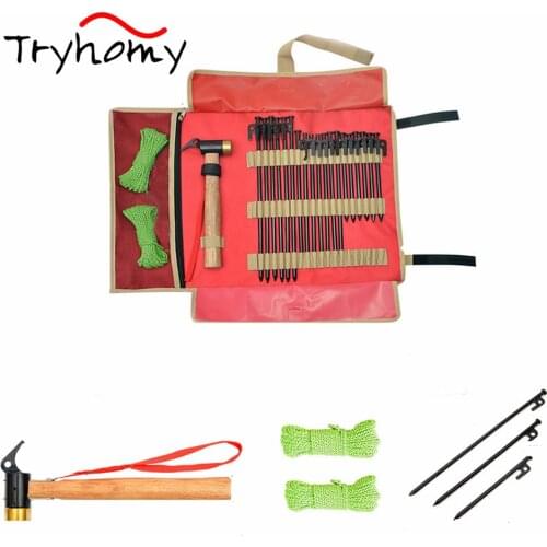 Tryhomy Outdoor Tent Accessories Kit Storage Bag Hammer Wind Rope Tent Pegs Nail Portable Nails Bag Organizer Camping Tools Sets