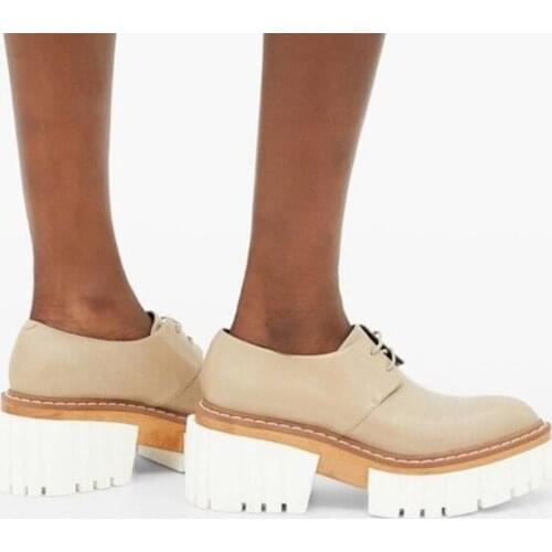 Black White Beige Red Soft Leather British Lace Up Thick Sole Pumps Woman Round Toe Platform 66 mm Chunky Heels Loafers Shoes