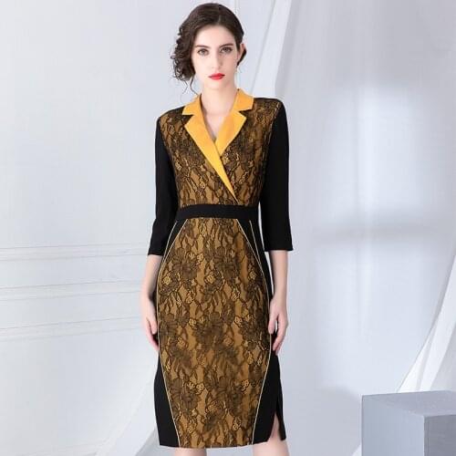 Spring Heavy Industry Lace Splicing V-neck Dress Elegant Thin Temperament High Waist A-line Short Sleeves Sheath Female Dress