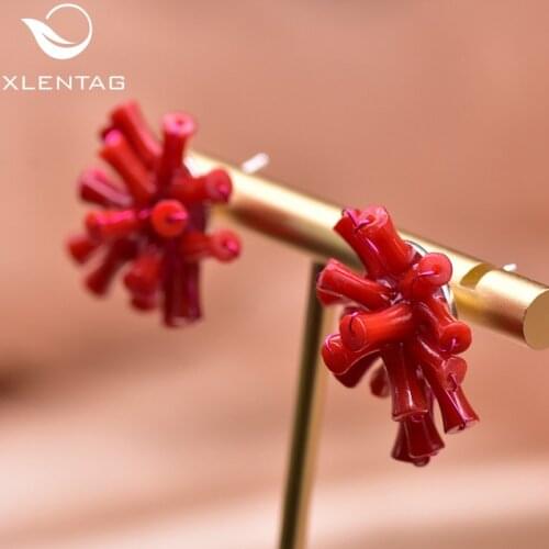 XlentAg Natural Red Sea Bamboo Coral 925 Sterling Silver Handmade Stud Earrings For Women Wedding Party Luxury Jewelry GE0661