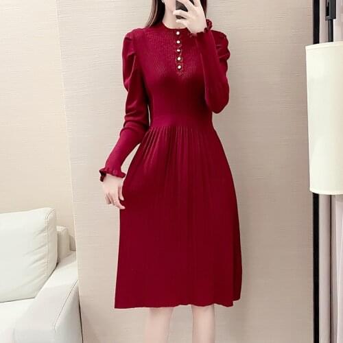 Women Sweater Dress Autumn Winter Puff Long Sleeve A Line Knitted Dress Ribbed Thick Christmas Pullover Party Midi Vestidos